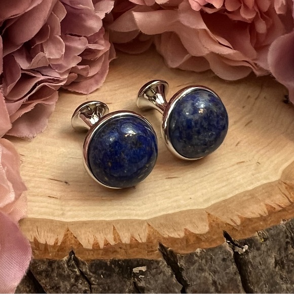 Elegant Round Blue Lapis Lazuli Cufflinks - Picture 6 of 17